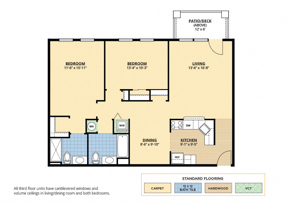 Floor plan for 2 beds, 2 baths, 1107 sqft